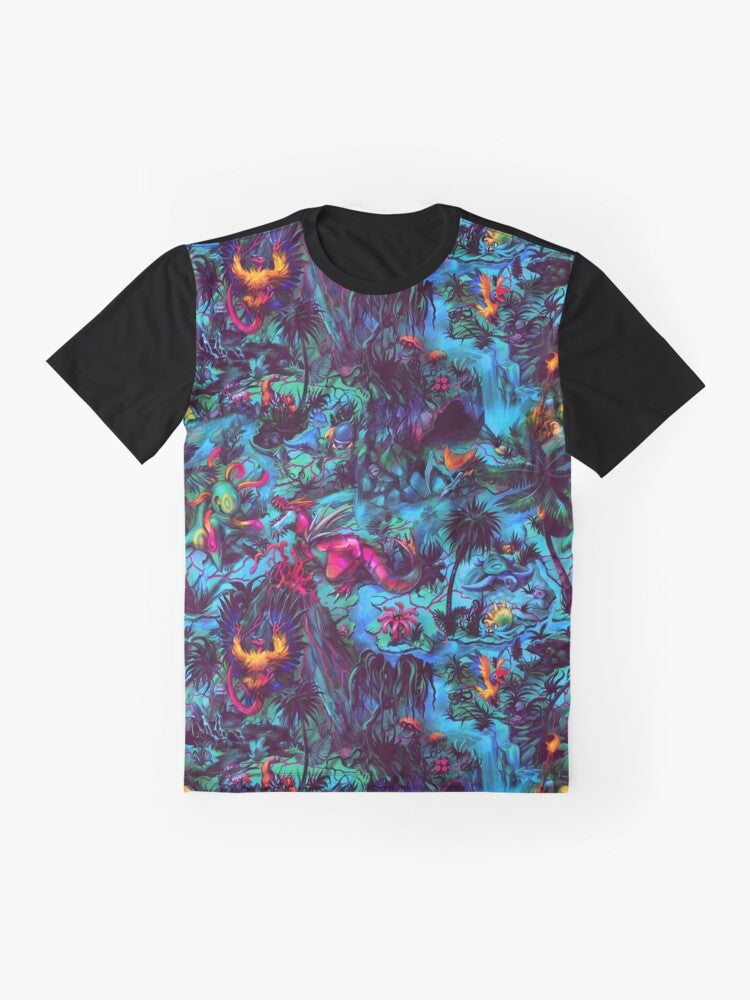 Paleo party dinosaur graphic t-shirt with a neon, psychedelic design - Flat lay