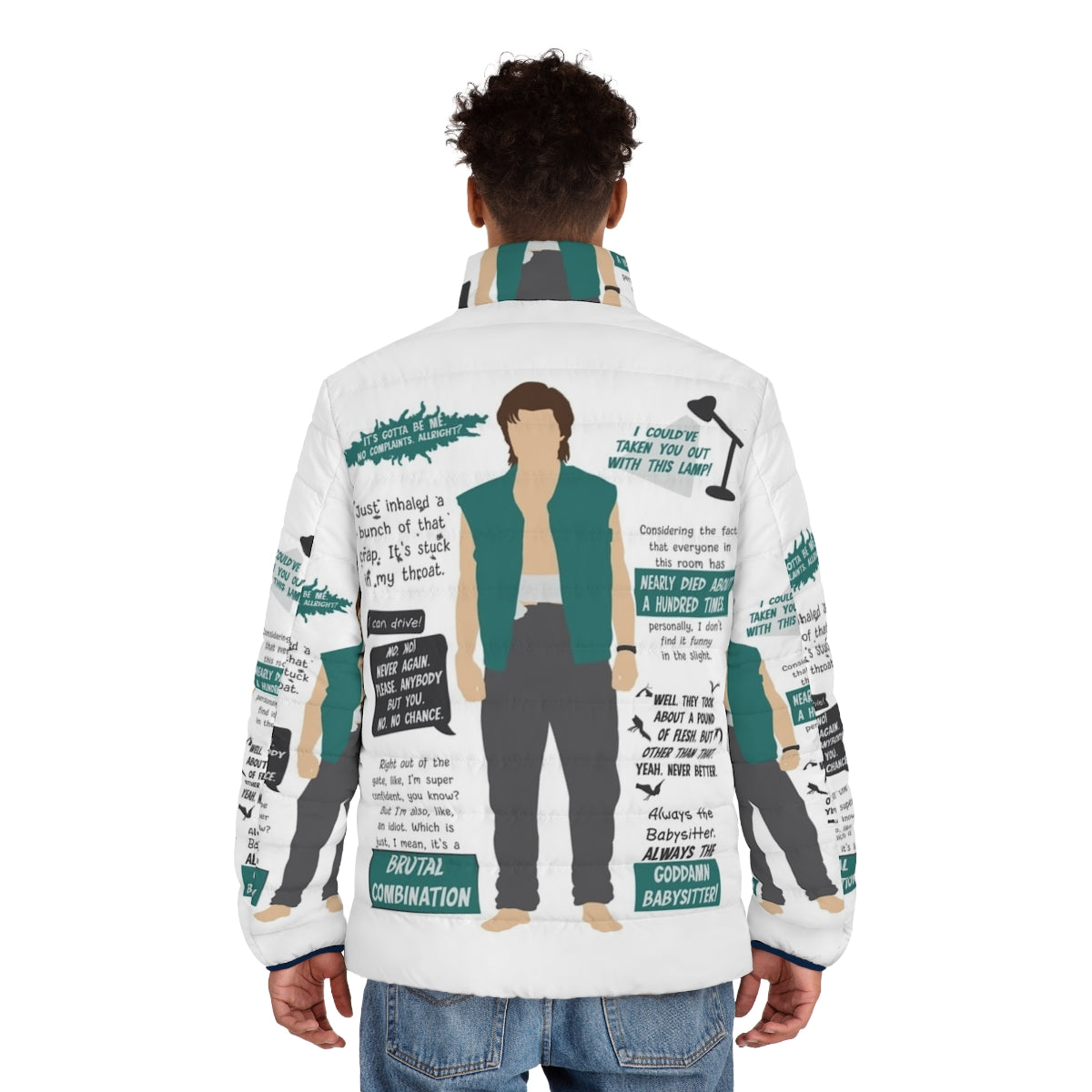 Minimalist puffer jacket featuring quotes from Steve Harrington in Stranger Things Season 4 - men back