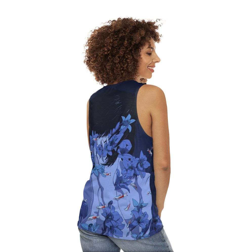 Retro anime-inspired unisex blue tank top - women back