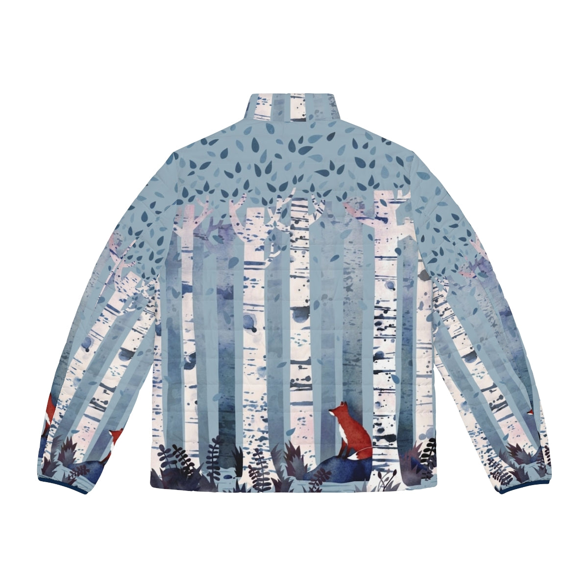 Blue watercolor puffer jacket with birchwood and nature motifs - Back