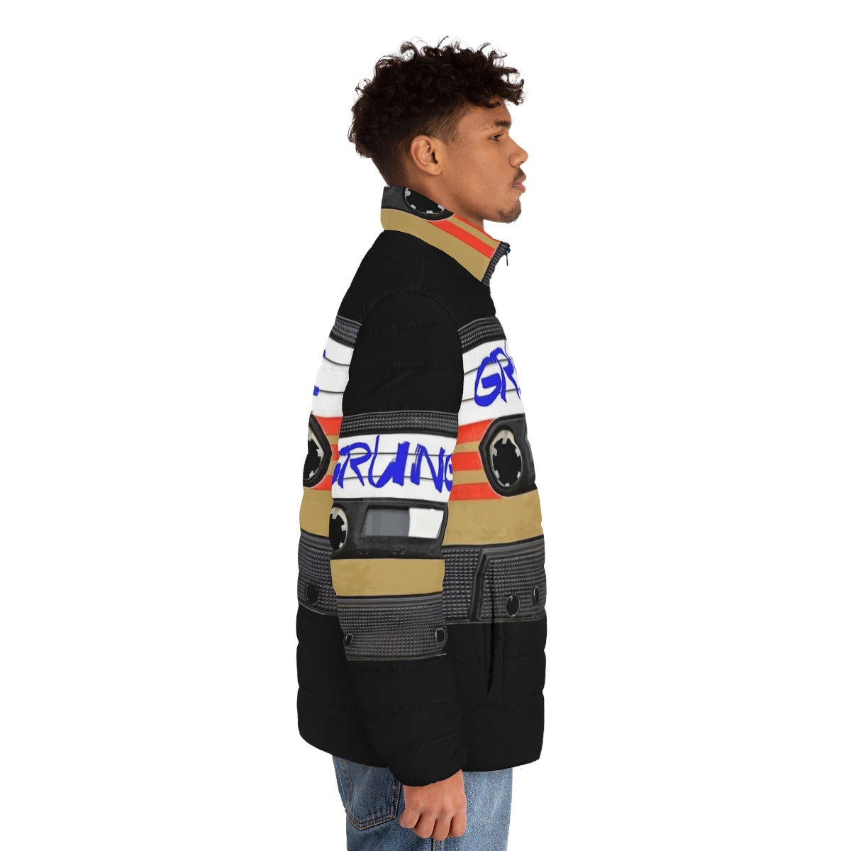 Grunge music puffer jacket with vintage retro classic alternative rock band design - men side right