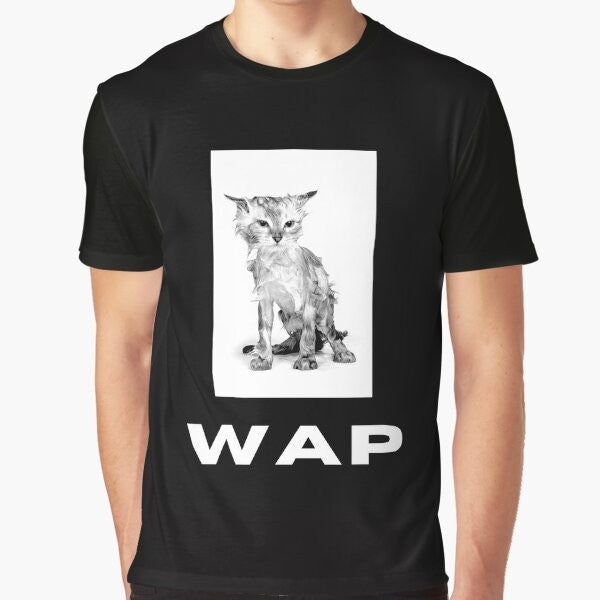 Funny graphic t-shirt featuring a wet cat with the text "WAP"