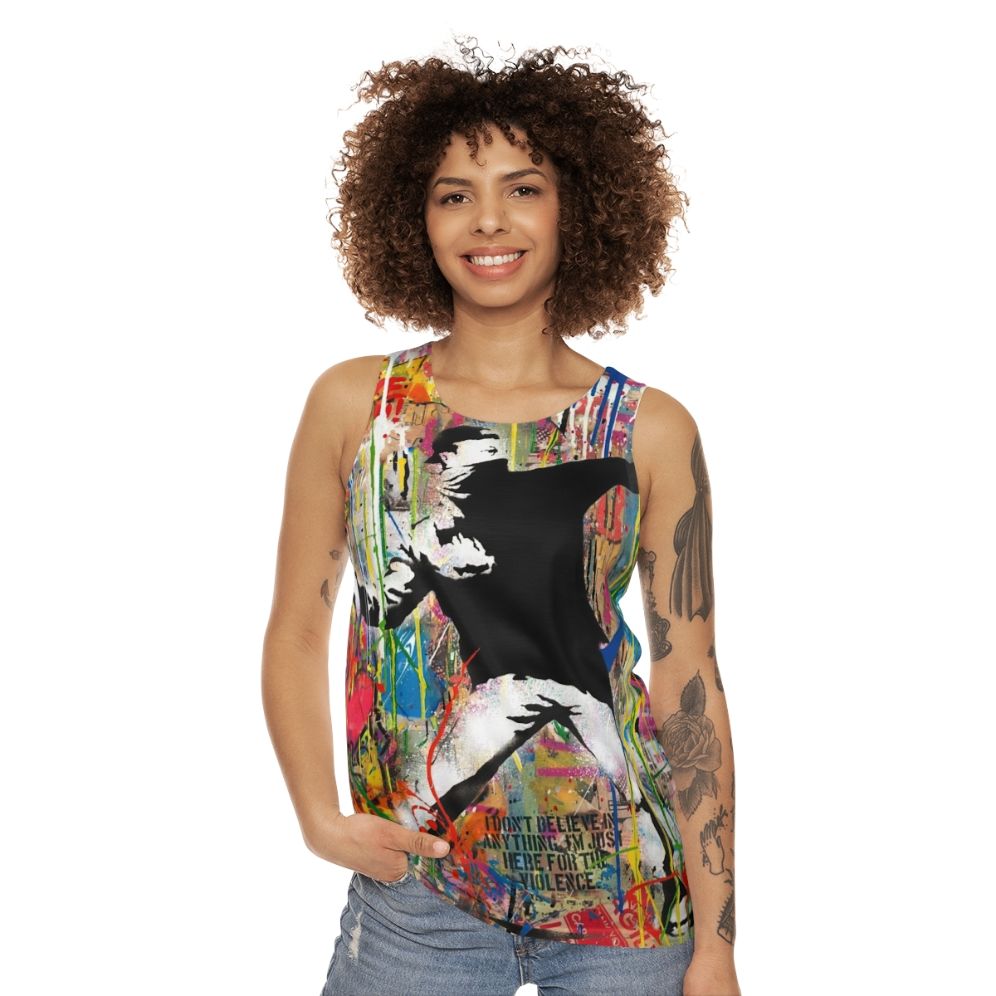 Colorful flower thrower pop art graphic on unisex tank top - women