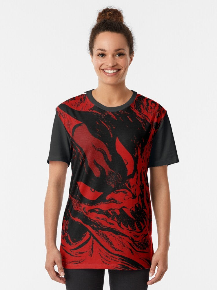 Devilman Crybaby anime graphic t-shirt with red and black devil-like figure - Women