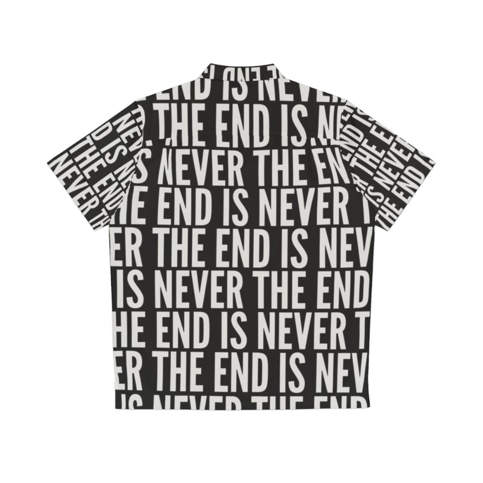 Surreal Hawaiian shirt with "The End Is Never The End" design inspired by The Stanley Parable video game - Back