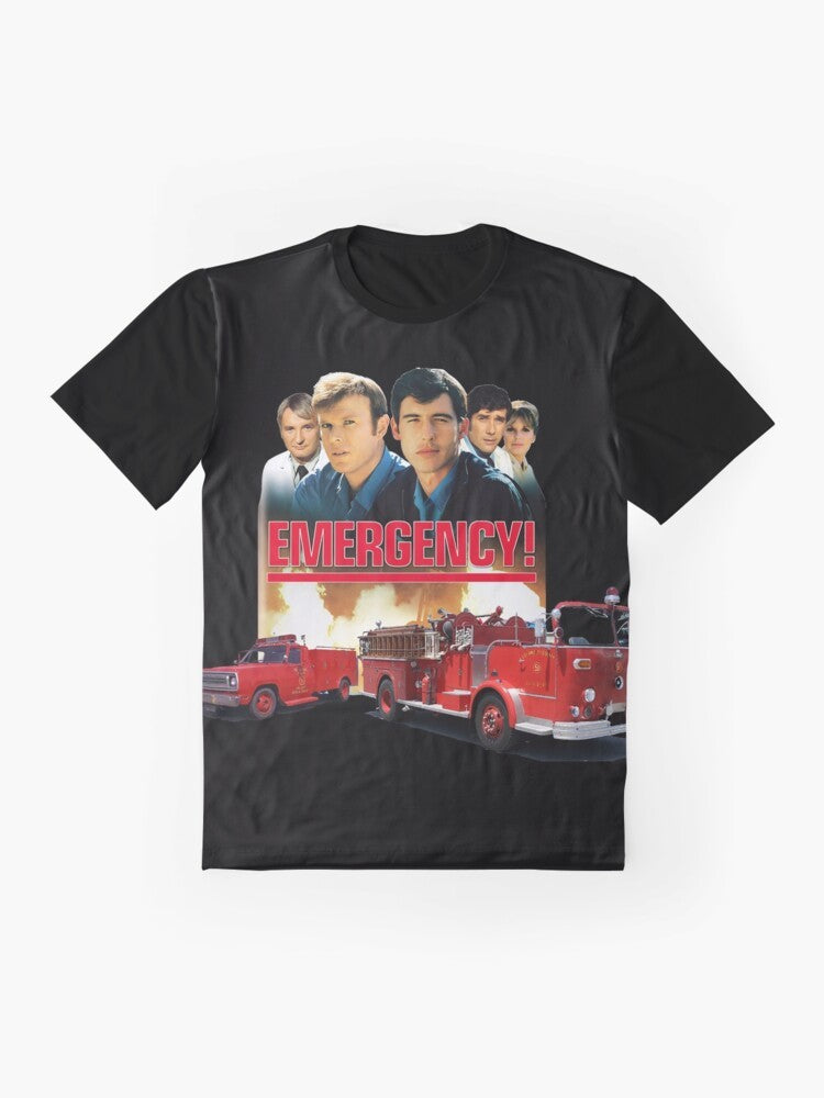 Retro Vintage Emergency! Tribute Graphic T-Shirt featuring paramedics and firefighters from the 1970s TV show. - Flat lay