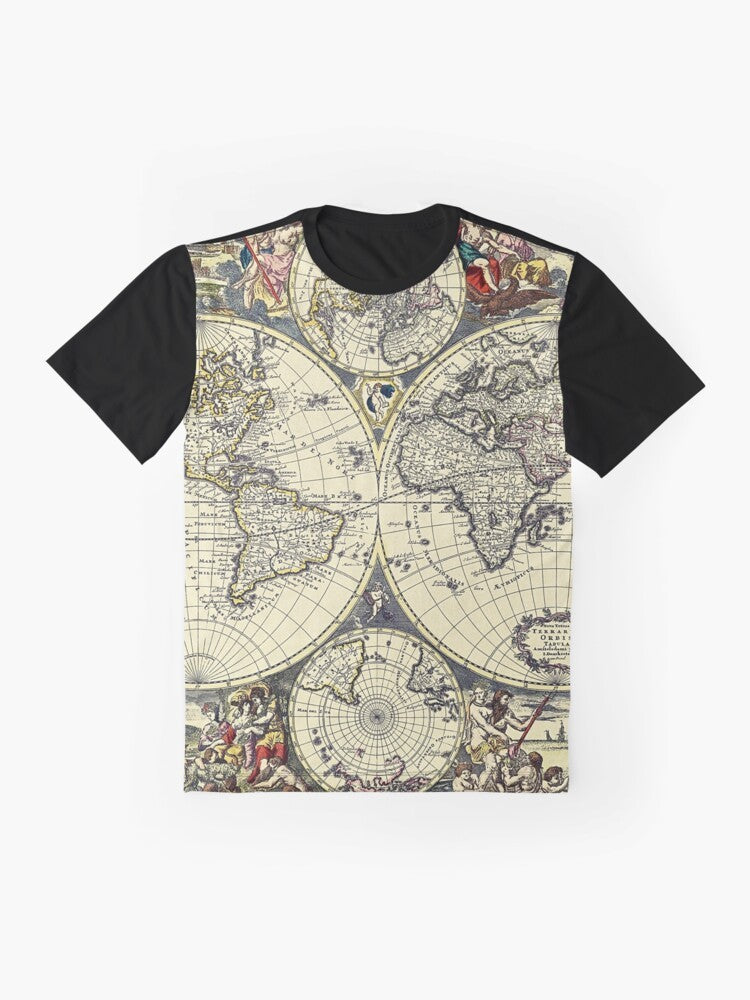 Vintage antique world map graphic t-shirt design featuring a rare manuscript-style illustration - Flat lay