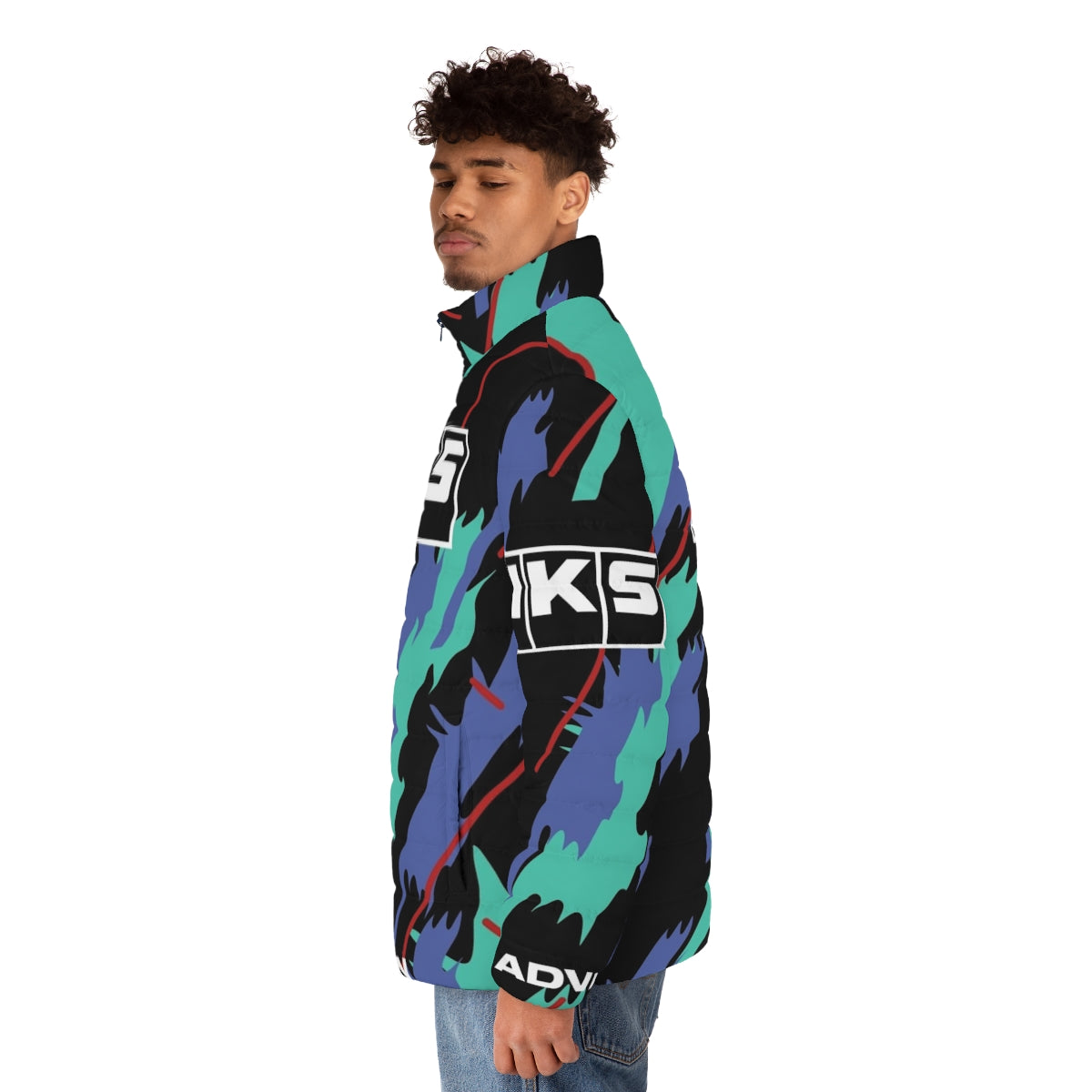 HKS Super Oil Retro Livery Puffer Jacket showcasing motorsports heritage - men side left