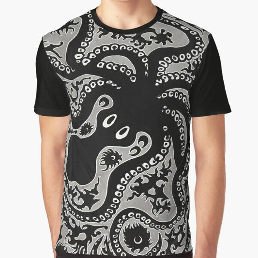 Minoan-style octopus graphic design on a t-shirt