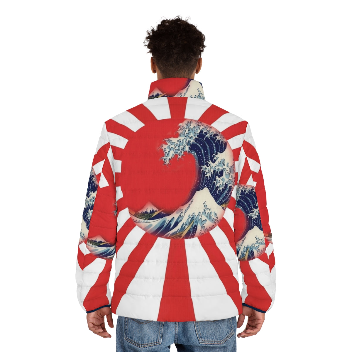 Person wearing a puffer jacket with the iconic "Great Wave off Kanagawa" design by Hokusai - men back