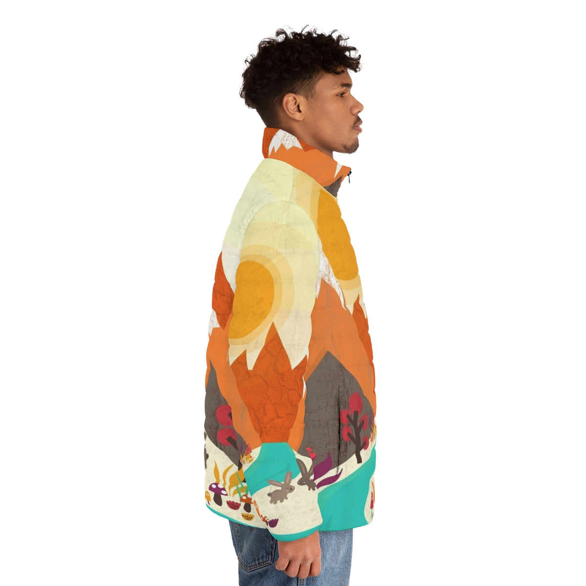 Colorful puffer jacket with nature and landscape elements like trees, flowers, and a rabbit - men side right