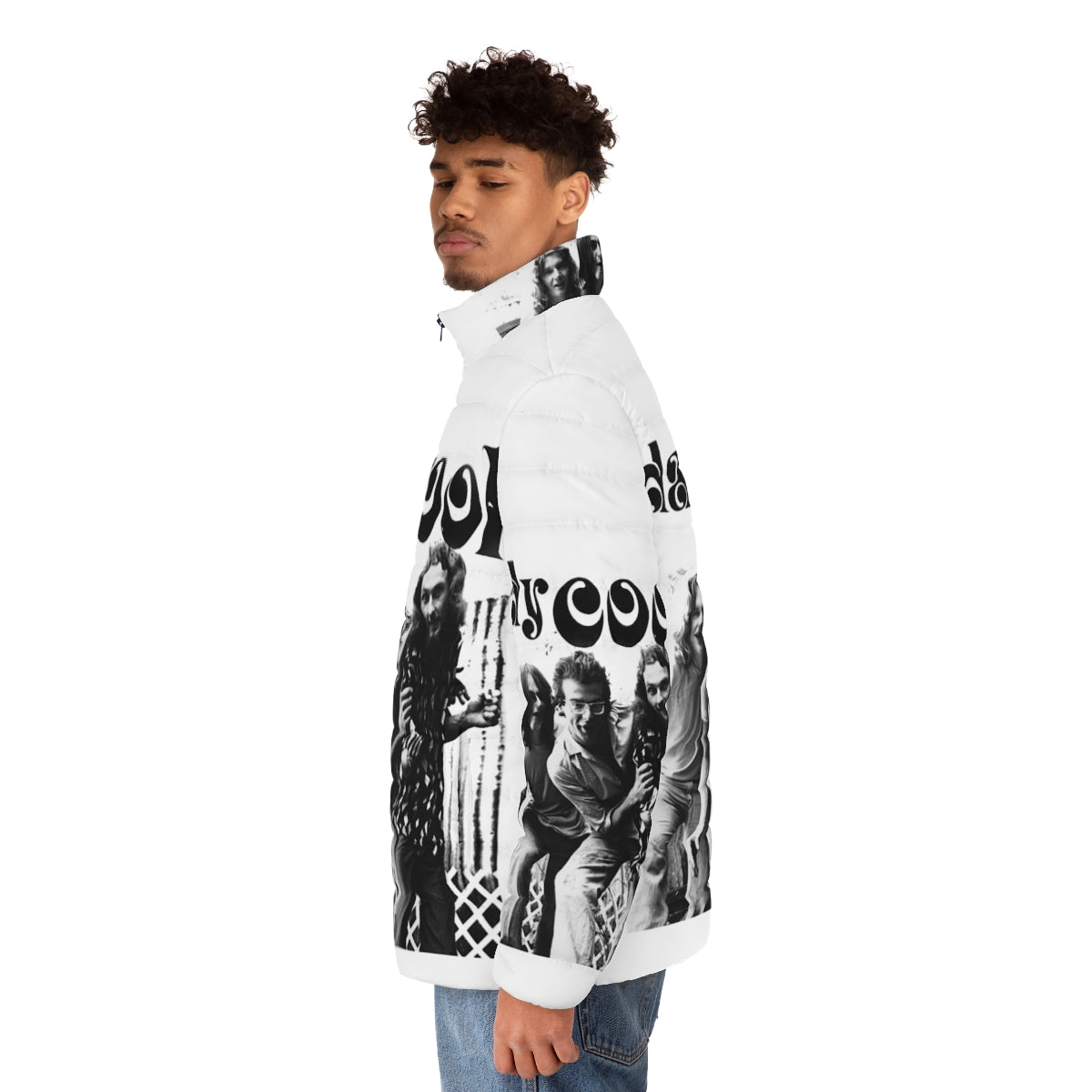 Puffer jacket with Ausrock Daddy Cool design, featuring music-inspired graphics - men side left