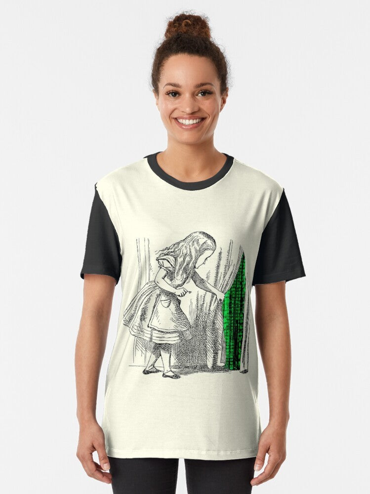 "Follow the White Rabbit" graphic t-shirt with Alice in Wonderland and Matrix inspired design - Women