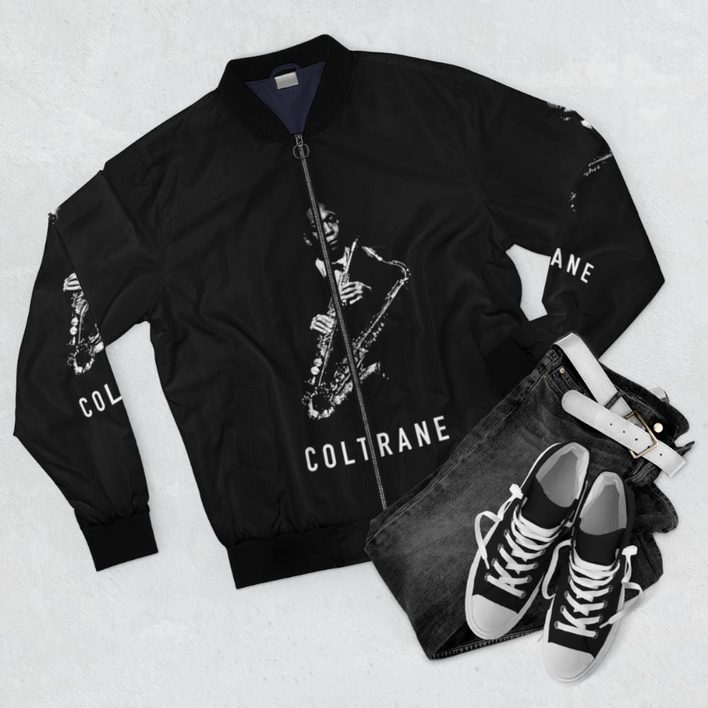 Coltrane Saxophone Bomber Jacket with Jazz Musician Design - Flat lay