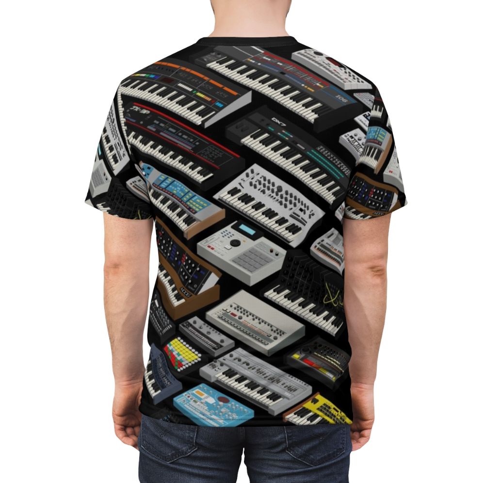 Person wearing a t-shirt with a synthesizer design, celebrating the love for electronic music production and vintage synths. - men back