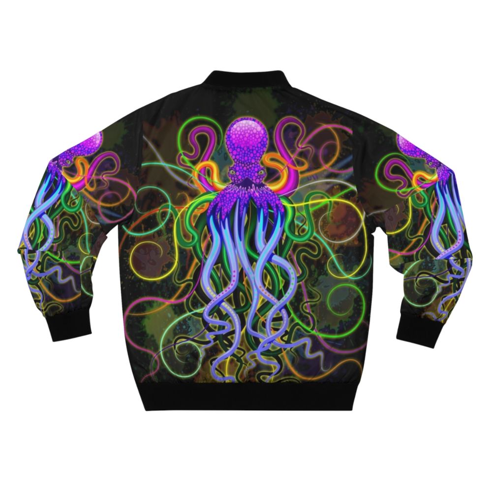 Colorful psychedelic octopus design on a bomber jacket with luminescent effects - Back