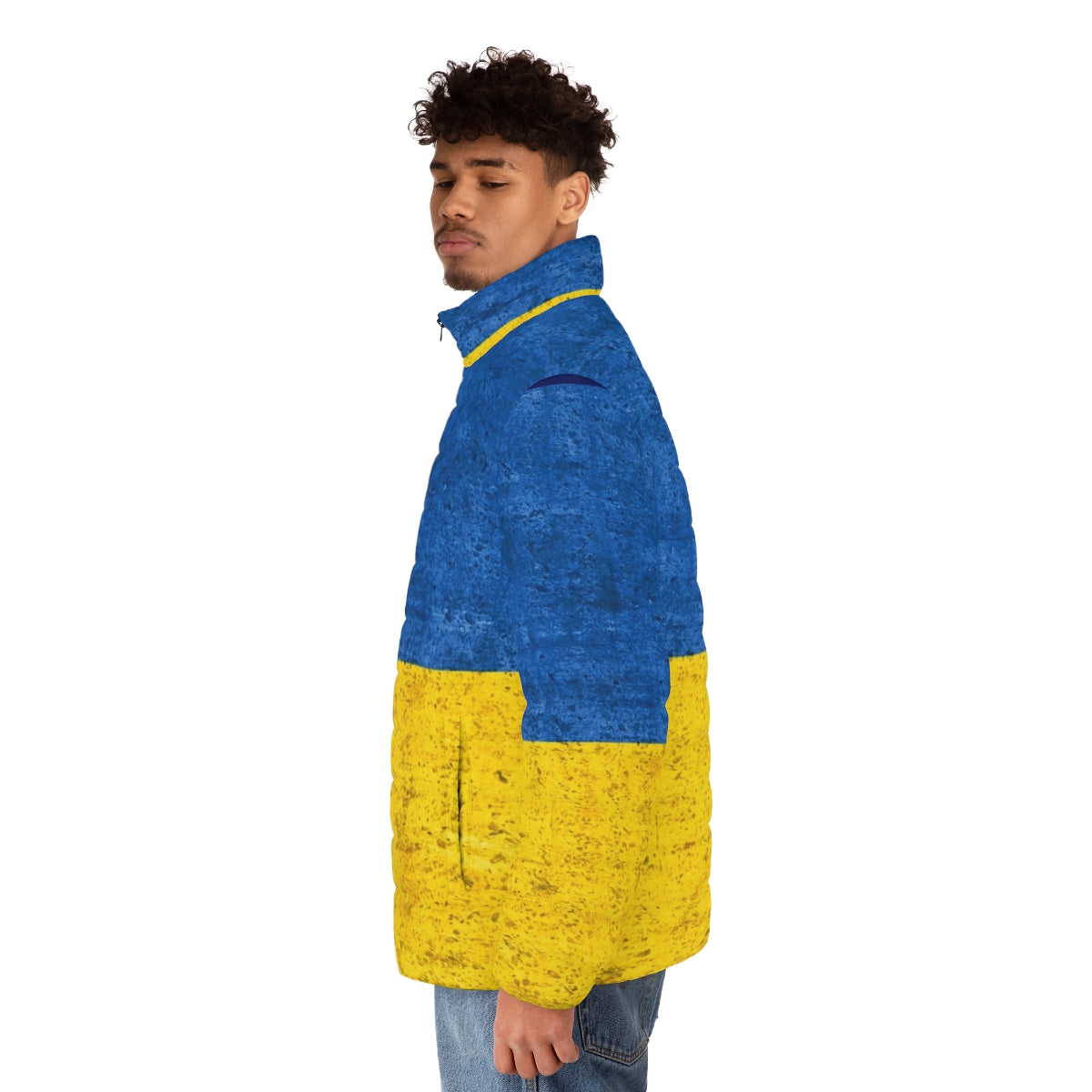 Ukrainian flag puffer jacket with blue and yellow colors - men side left