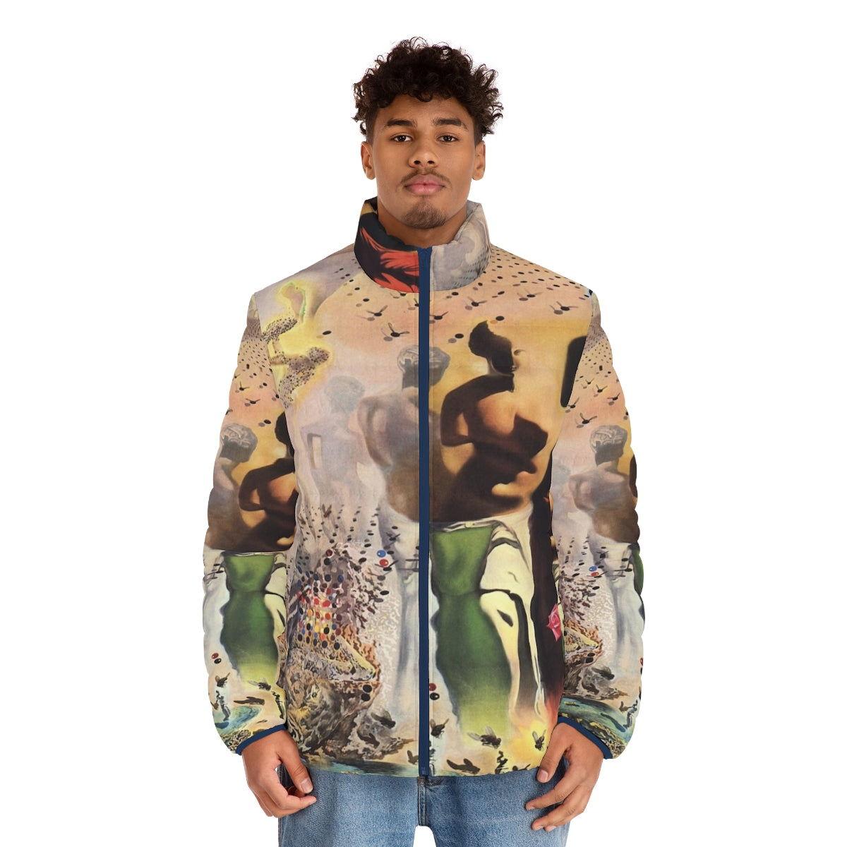 Salvador Dali's surrealist masterpiece "The Hallucinogenic Toreador" featured on a high-quality puffer jacket. - men front