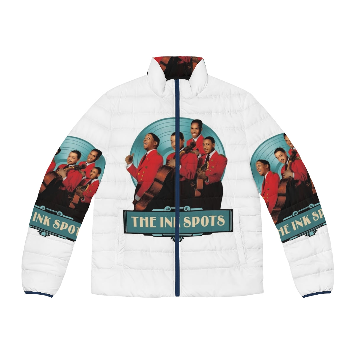 Vintage-inspired puffer jacket featuring The Ink Spots, a classic American pop vocal group