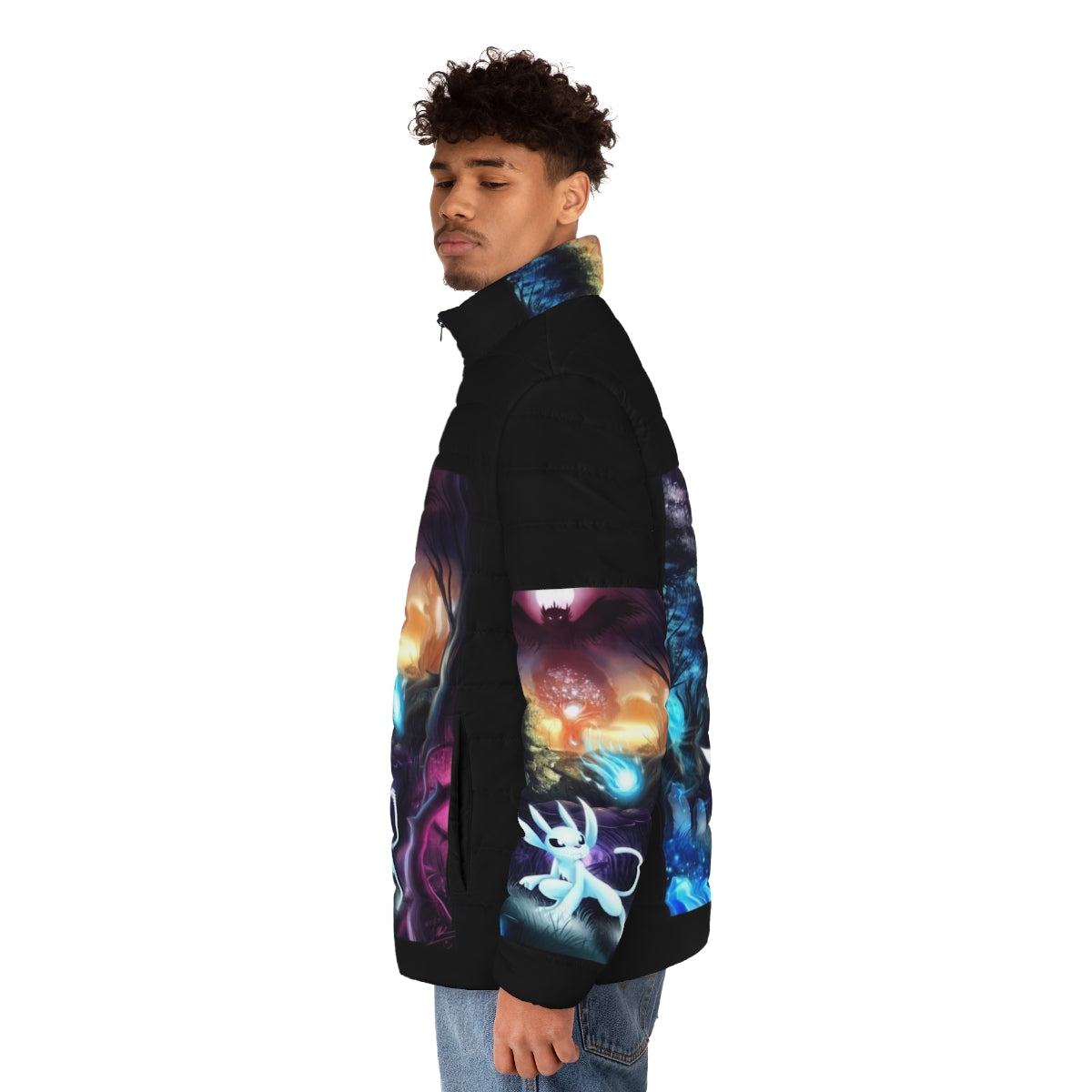 Ori and the Will of the Wisps graphic puffer jacket with platform adventure and metroidvania game design - men side left