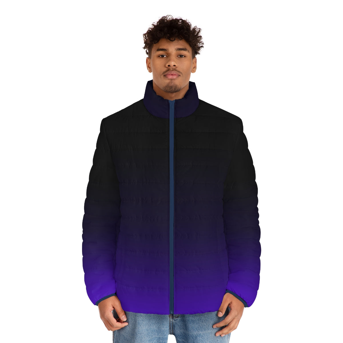 Gradient black and purple puffer jacket with a minimalistic celestial design - men front