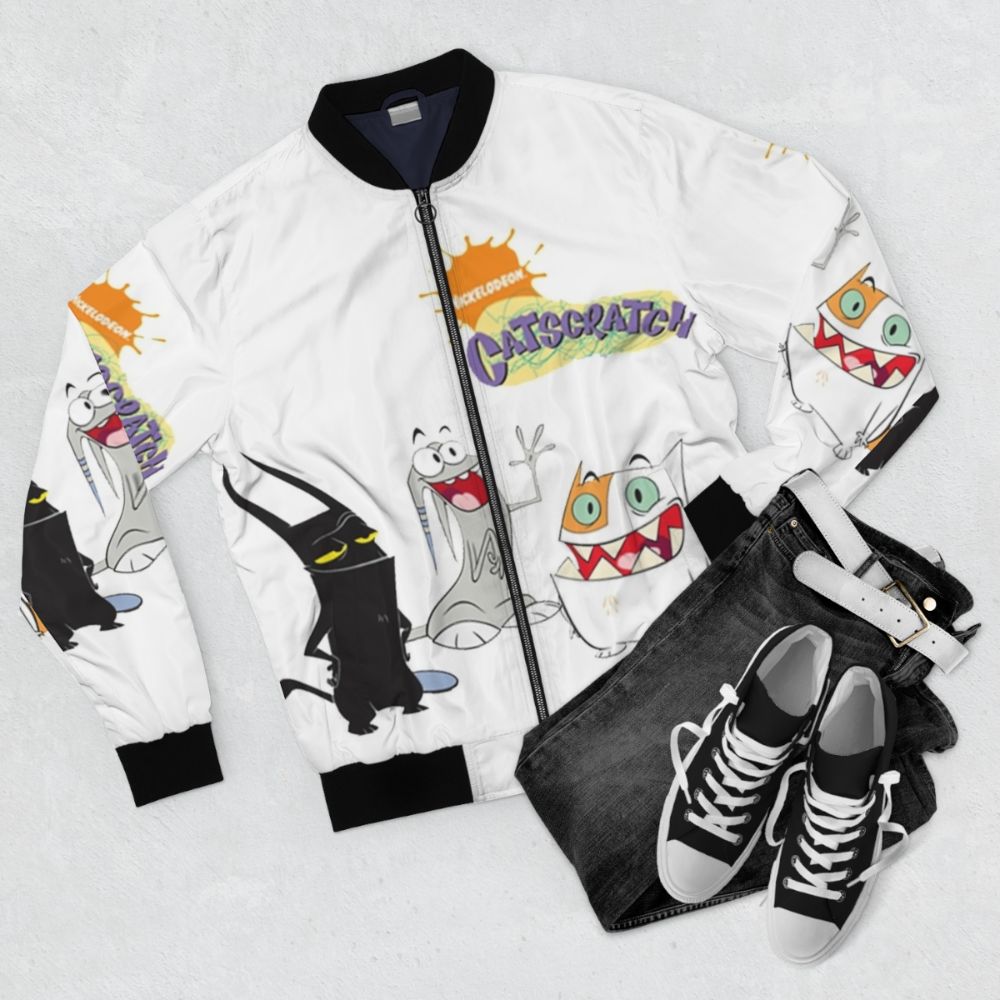 Catscratch cartoon cat on a bomber jacket - Flat lay