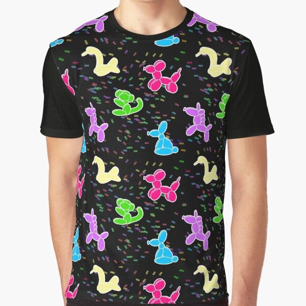 Colorful balloon animals including a dog and unicorn on a black graphic t-shirt