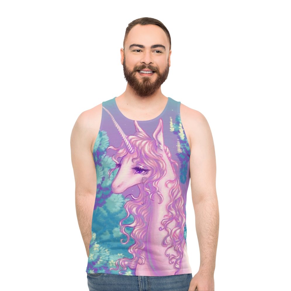 Unisex tank top featuring a glowing unicorn design in a forest setting from the classic 80s fantasy movie 'The Last Unicorn' - men