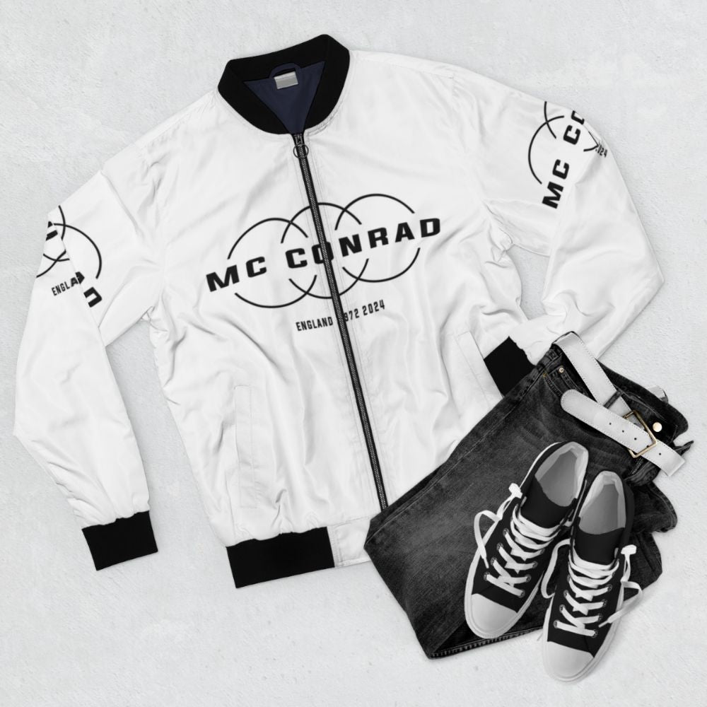 MC Conrad England Music Bomber Jacket with Circles and D66 Design - Flat lay