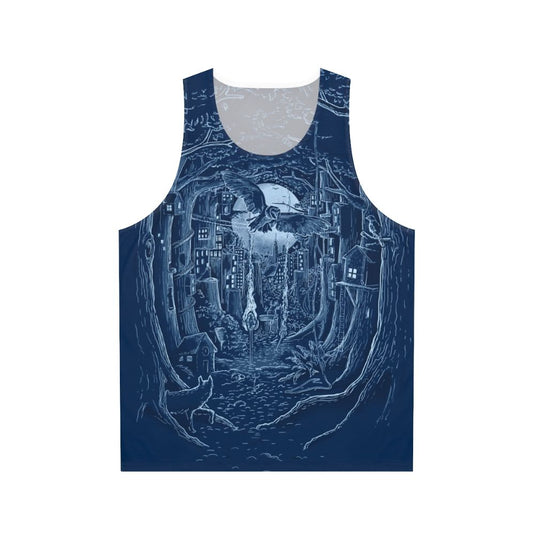 Enchanting forest unisex tank top with moonlit cityscape and wildlife