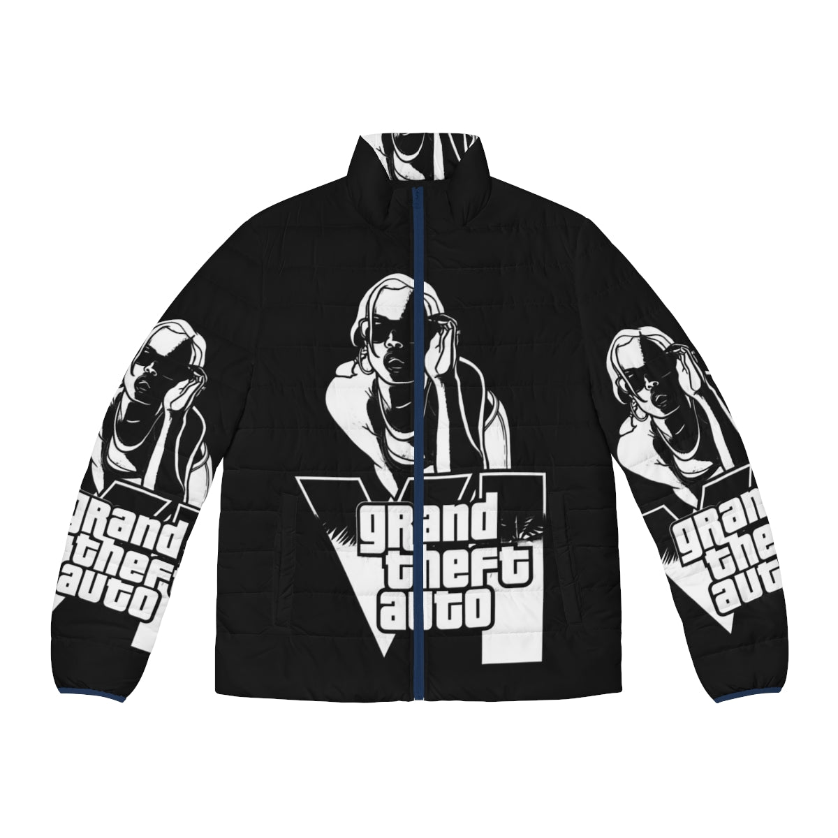 Grand Theft Auto themed puffer jacket with gaming inspired design