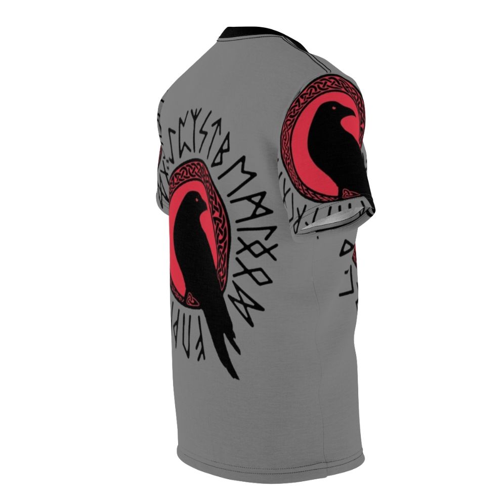 Viking raven graphic on a black and red t-shirt with futhark runes and celtic knot design - men right