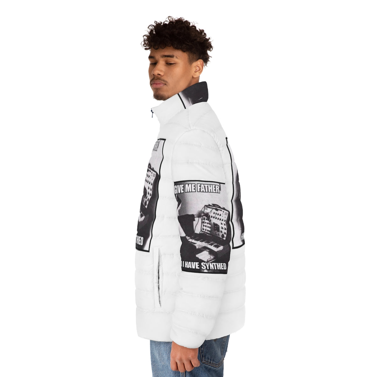 The Weeknd 'Forgive Me Father' Puffer Jacket featuring XOTWOD music quotes and hip hop inspired fashion - men side left