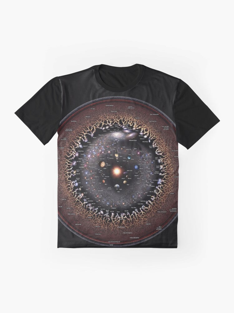 Graphic T-Shirt featuring an annotated logarithmic illustration of the observable universe - Flat lay