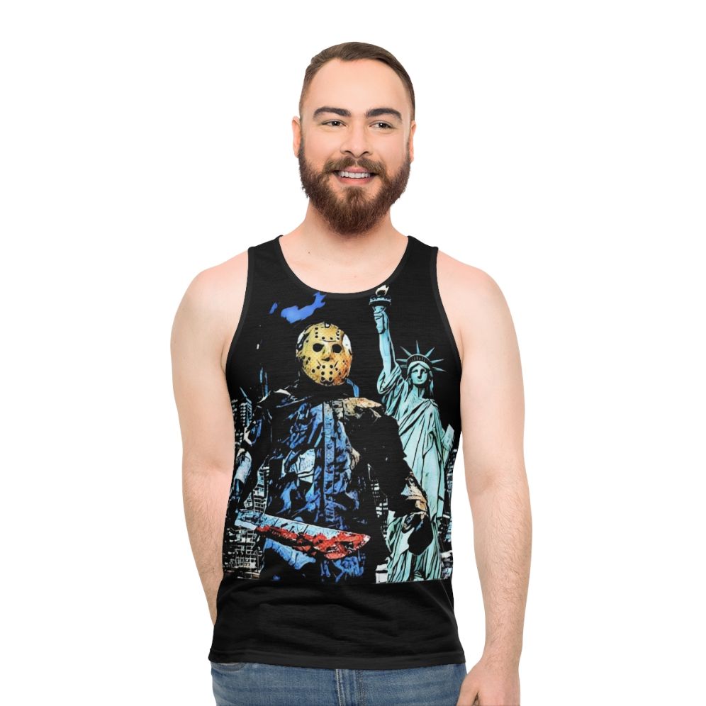 "Jason Takes Manhattan" Unisex Tank Top featuring the iconic Friday the 13th slasher - men