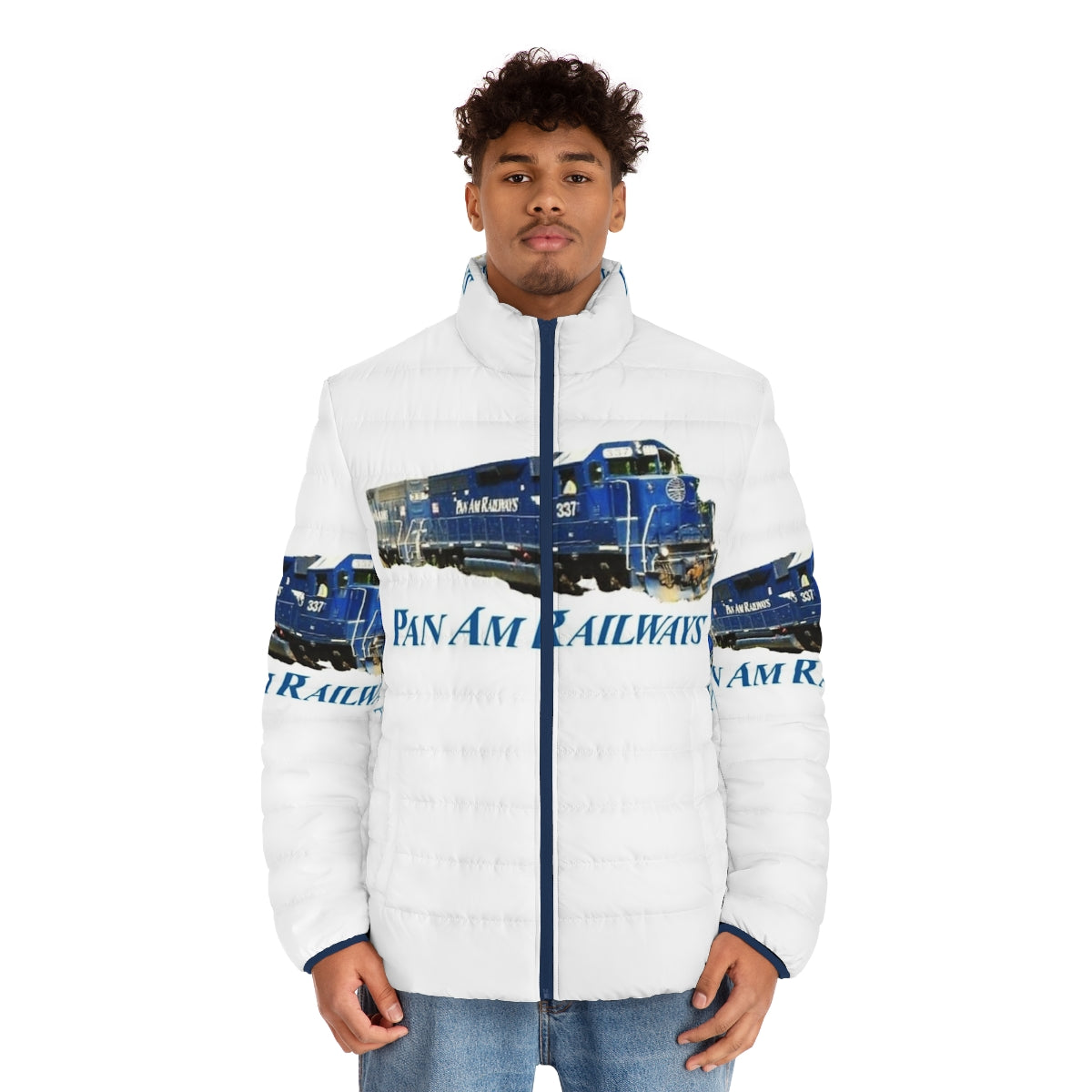 Pan Am Railway Train Driver Puffer Jacket with Pan Am logo and railways imagery - men front