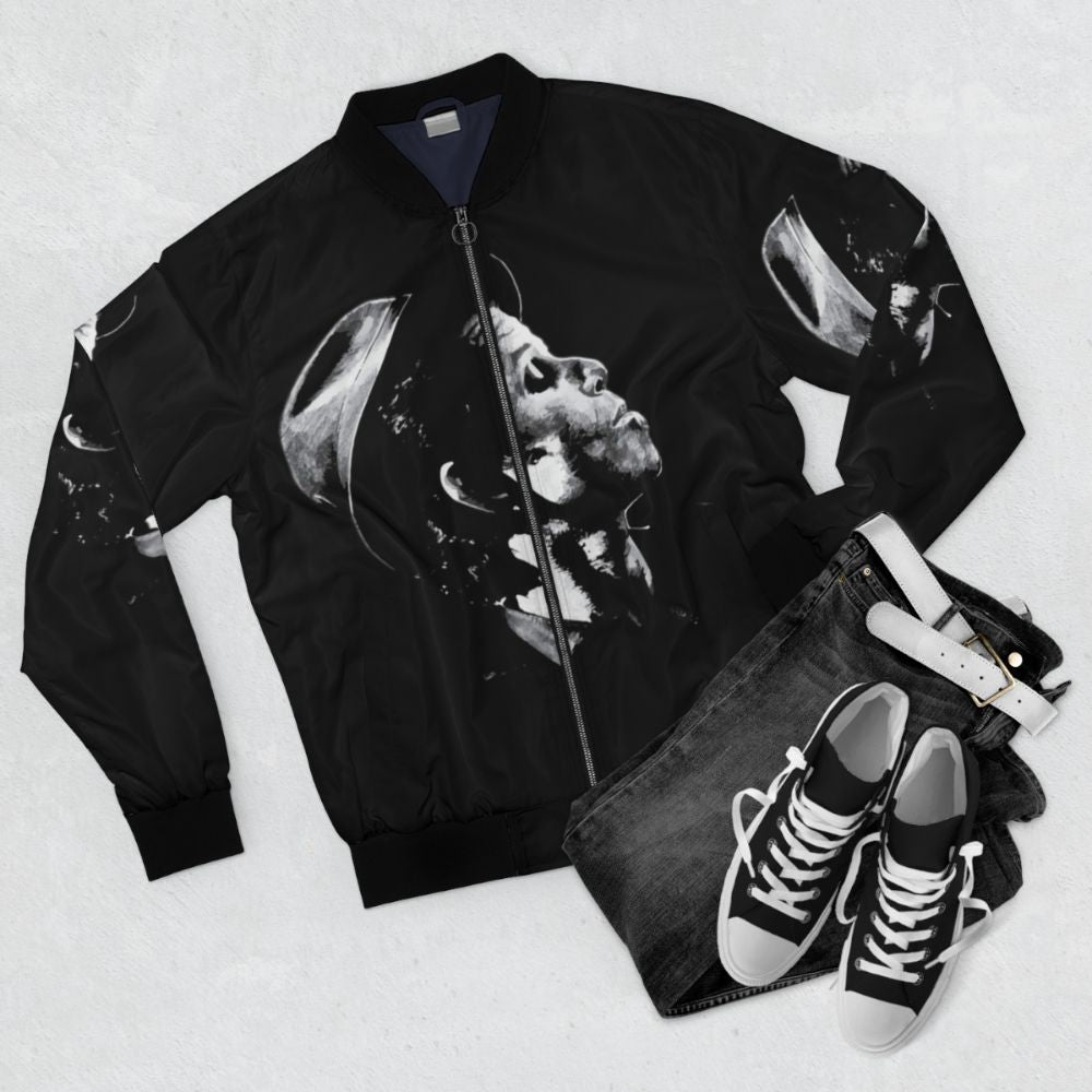 A bomber jacket featuring the image of Tom Waits, a renowned American singer-songwriter. - Flat lay