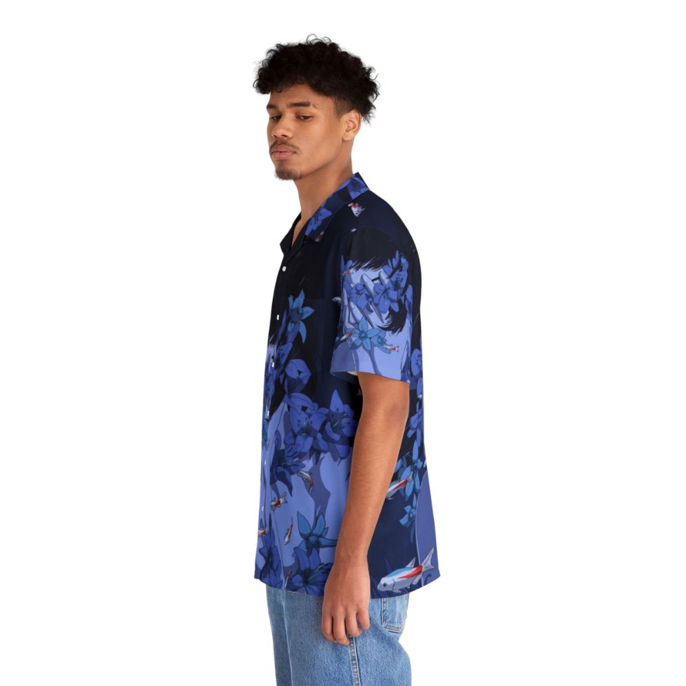 Retro blue Hawaiian shirt with anime-inspired cartoon design - People Left