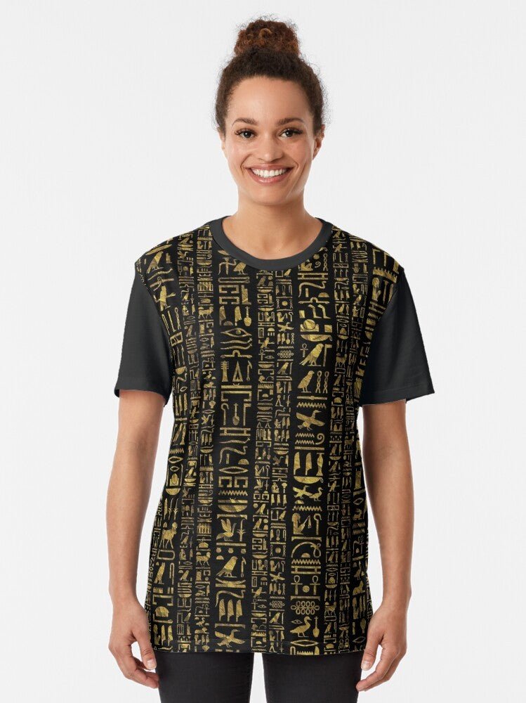 Vintage Egyptian hieroglyphs in gold color on a black t-shirt - Women