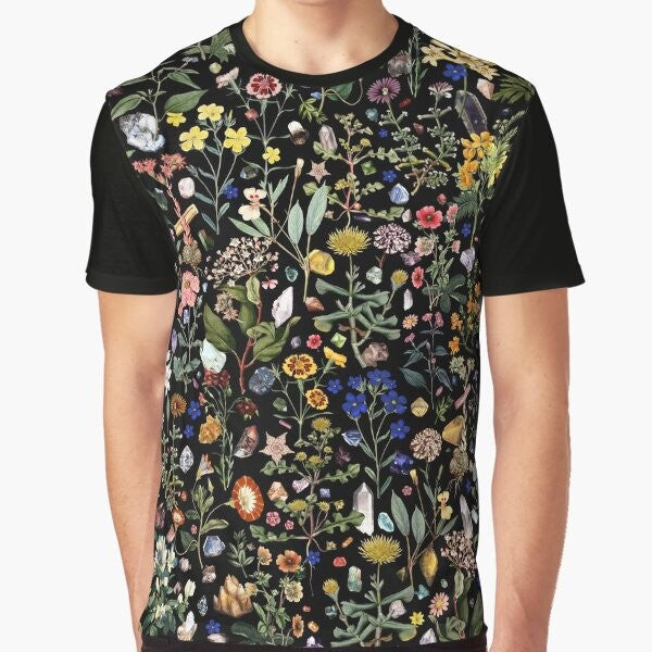 Colorful floral and botanical graphic design with crystals, leaves, and petals for a healing and nature-inspired t-shirt.