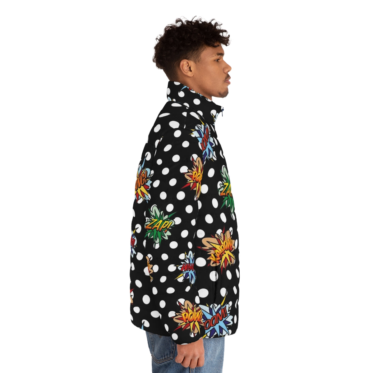 Vibrant comic book-inspired puffer jacket with pop art graphics - men side right