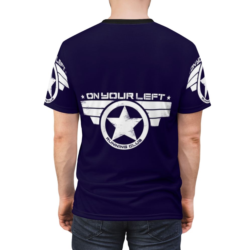 Distressed print t-shirt featuring captain america running club design - men back