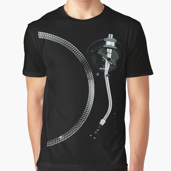 Graphic t-shirt featuring a turntable, tone arm, and platter design