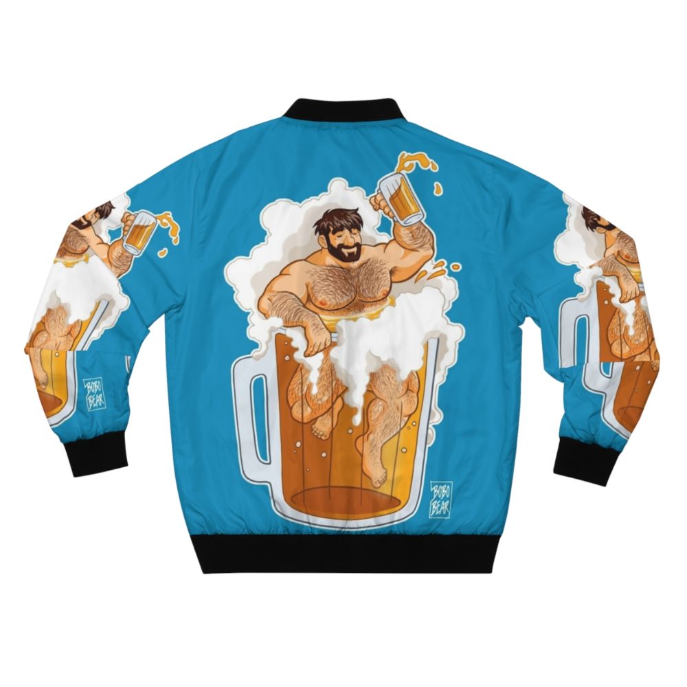 A bomber jacket with a graphic design featuring a bear, beer, and the text "ADAM'S BIG BEAR BEER". - Back