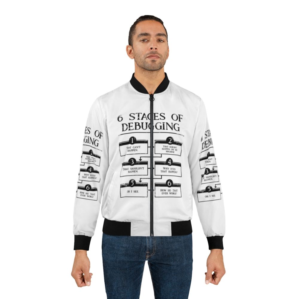 Bomber jacket with "6 Stages of Debugging" design for programmers and software engineers - Lifestyle