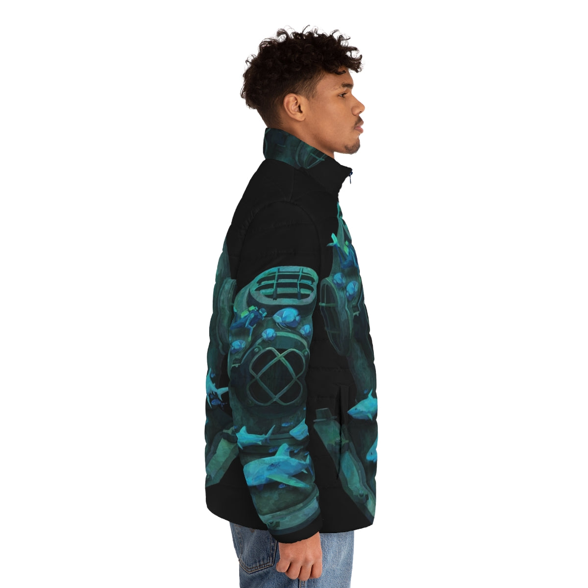 A whimsical puffer jacket featuring a deep diving design with marine life and underwater exploration - men side right