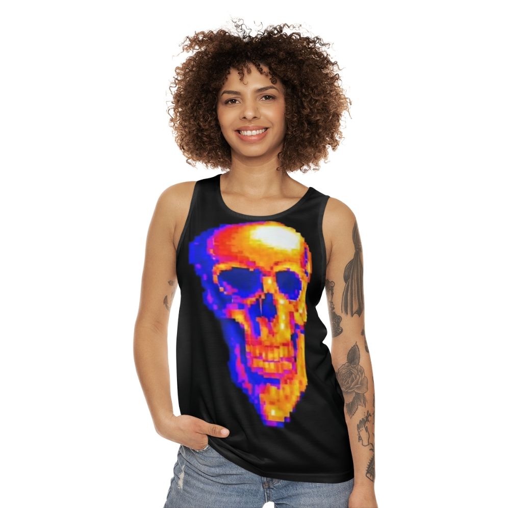 Unisex MDE tank top with skull and pixel art design - women