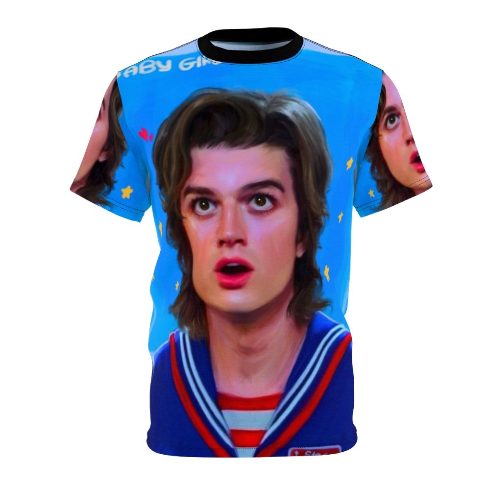 Retro-inspired t-shirt design featuring Steve Harrington from the Netflix series Stranger Things