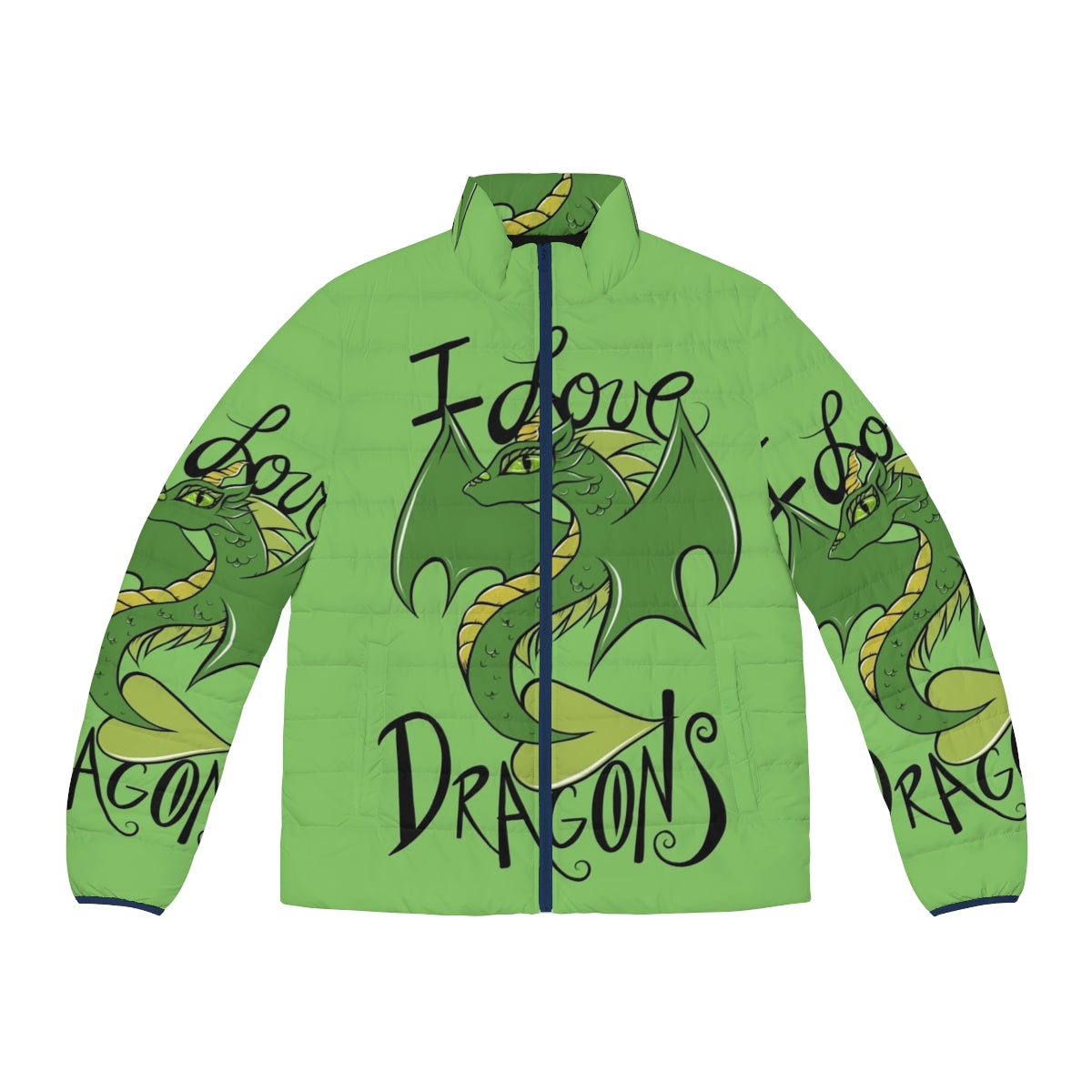 Puffer jacket with a whimsical dragon design, perfect for fantasy and animal lovers