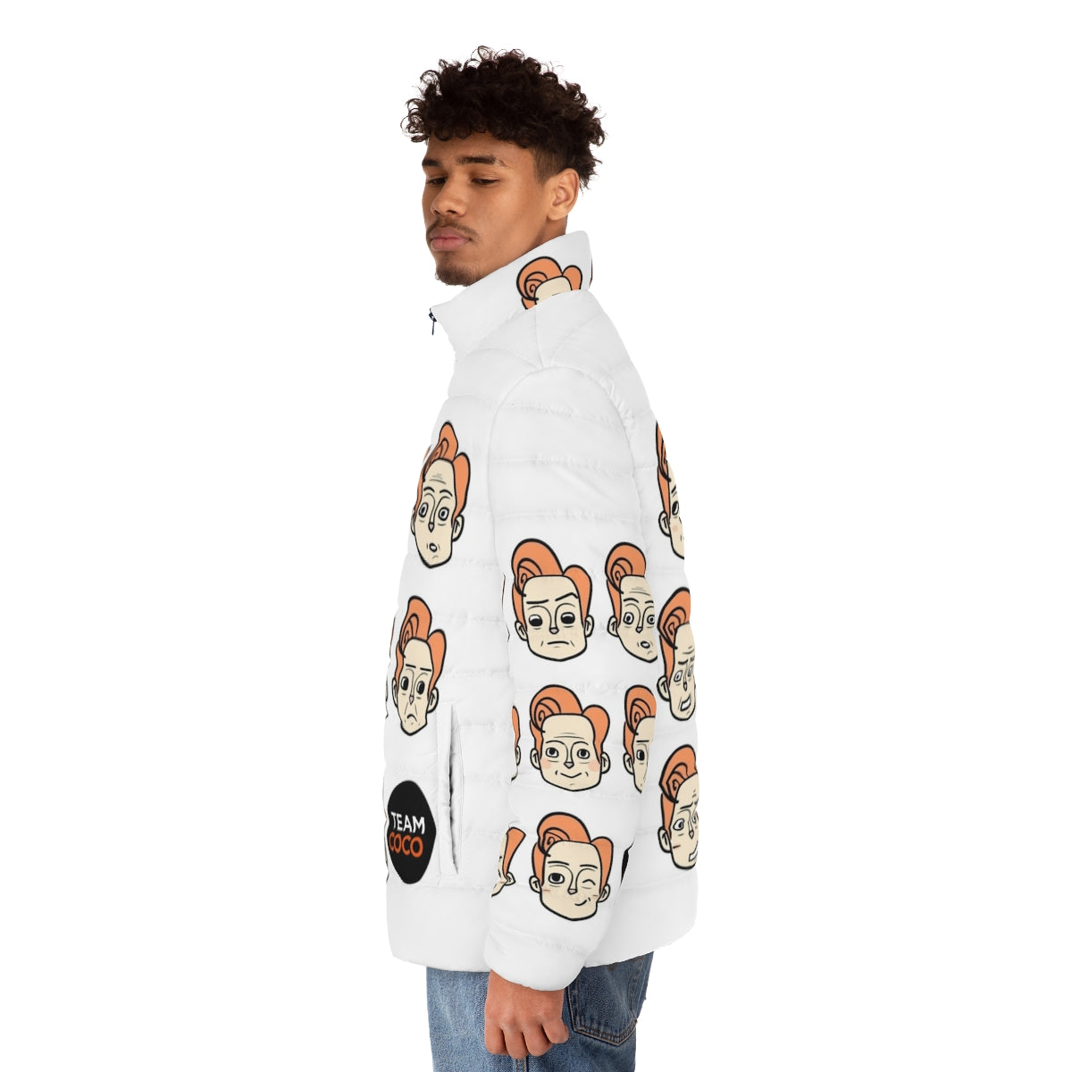 Conan Obrien Puffer Jacket featuring various expressions and designs - men side left